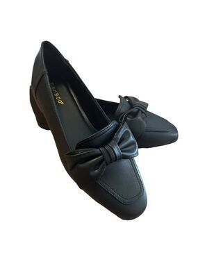 Bamboo Yuppie Slip On Faux Leather Classic Loafer Shoe With Bow in Black